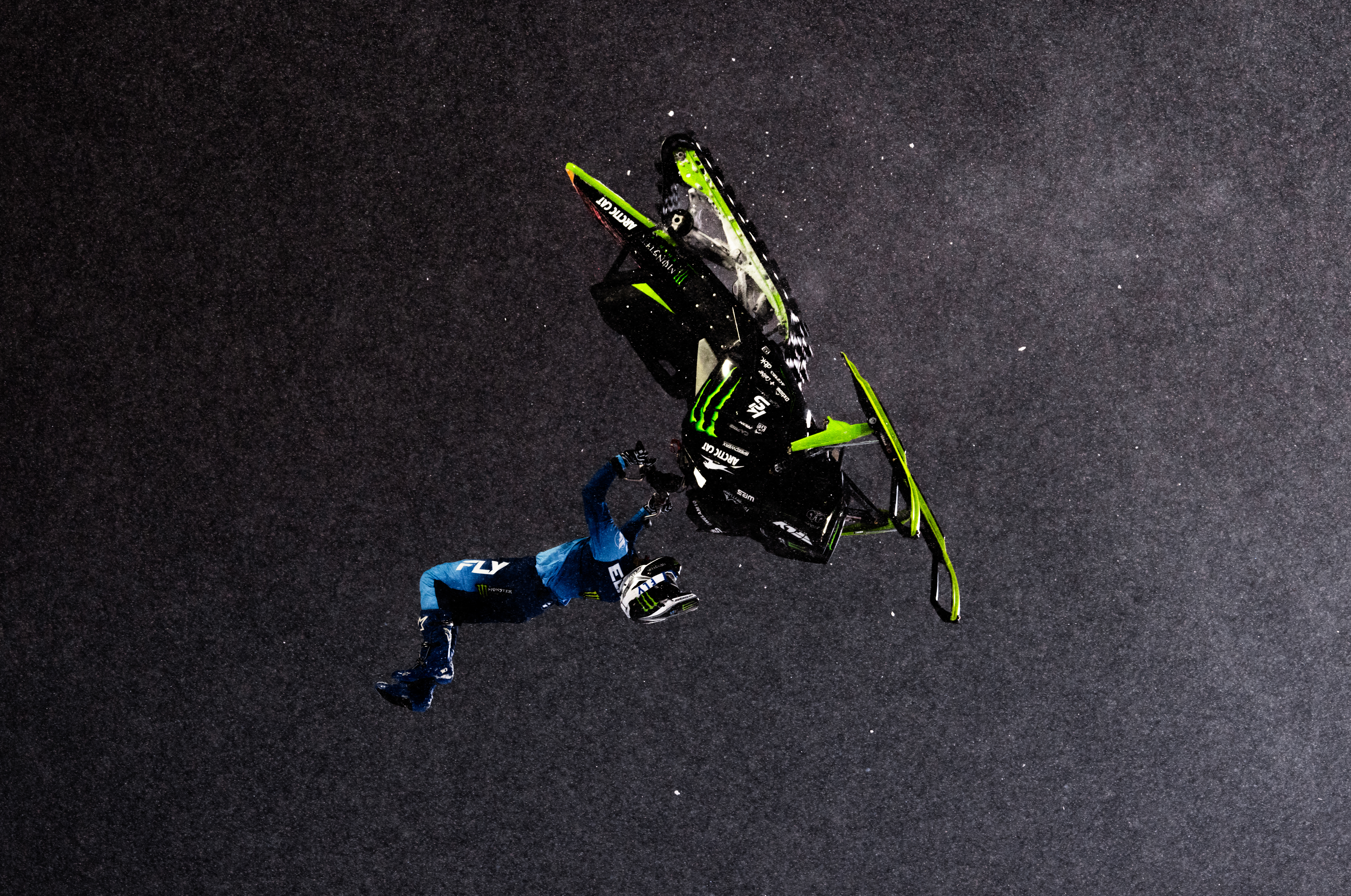Aerial overhead view of Willie Elam performing a night trick